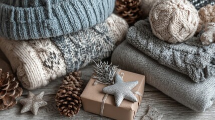 Collection of festive holiday objects including cozy winter wear, gifts, and decorations for cheerful celebration themes