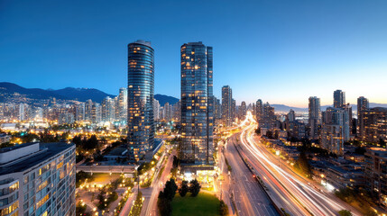 Naklejka premium Modern glass tower apartment skyline at blue hour with illuminated highway light trails