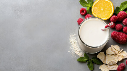 Creamy smoothie glass raspberry orange cereal flakes mint refreshing breakfast