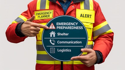 Emergency preparedness alert with planner holding safety communication and logistics sign
