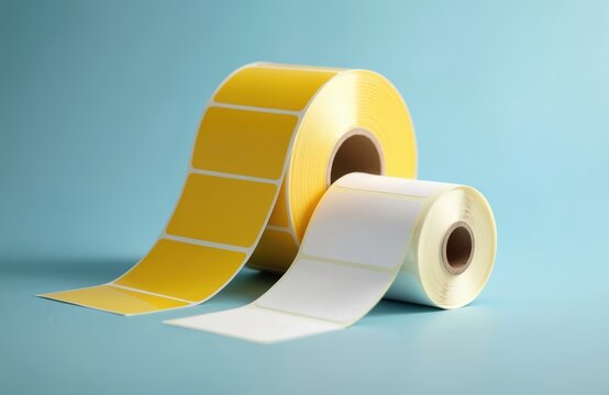 Two rolls of labels on light blue background. One yellow and one white. Labels for various purposes such as pricing or product information in business.