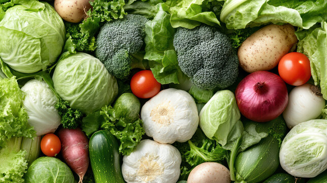 Fresh green vegetable assortment with garlic and tomato, vibrant healthy produce