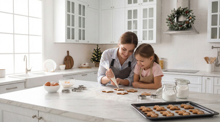 Happy Family Baking Christmas Gingerbread Cookies with Icing in Kitchen