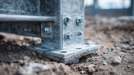 Close up view of a galvanized steel structure base securely fixed to the ground, showcasing stability and strength in construction projects