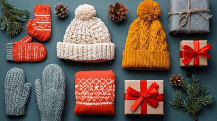 Collection of festive holiday objects including cozy winter wear, gifts, and decorations for cheerful celebration themes