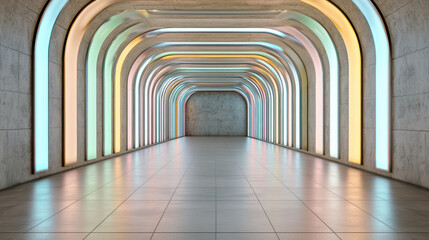 Naklejka premium Colorful arched corridor with soft neon reflections and open center area, serene futuristic space