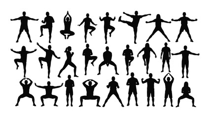 Various fitness and exercise silhouettes isolated on white background, Vector