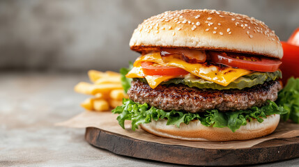 Juicy cheeseburger with lettuce, pickles, tomato and fries in background