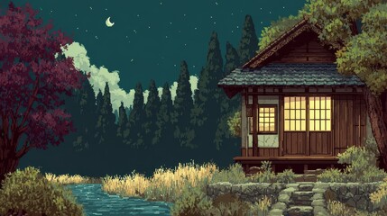 Pixelated Night Scene of a Japanese House Beside a River with Starry Sky