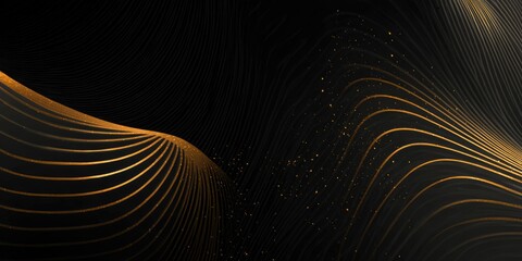Black background with golden lines, abstract flowing design and subtle glitter particles