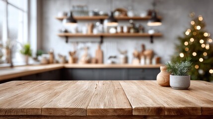Rustic kitchen with wooden table and Christmas tree in the background