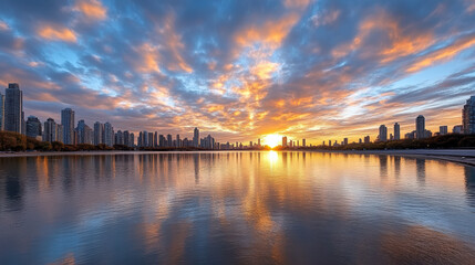 Sunset skyline lake reflection clouds warm light calm horizon