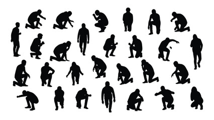 Collection of human silhouettes in kneeling, crouching, and bending poses isolated on white background, Vector