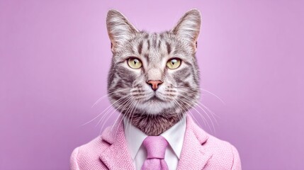 A dapper cat in a pink suit and tie poses against a soft purple background