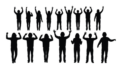 Diverse group of people silhouettes with raised hands isolated on white background, Vector