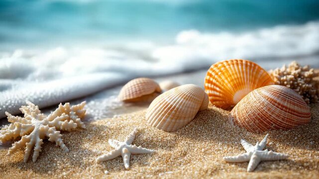 Beautiful seashells and starfish on a sandy beach with gentle ocean waves