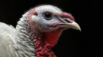 Detailed close-up of a turkey showcasing its unique features and textures in natural lighting