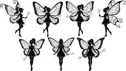 Obraz premium Collection of Seven Beautiful Fairy and Butterfly Silhouette Graphics Holding Magic Wands in Various Poses for Fantasy, Children's Books, and Decoration Themes.