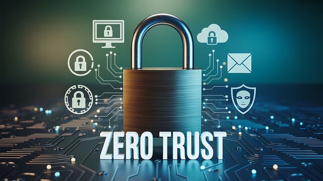 Zero trust cybersecurity concept with padlock and digital protection icons
