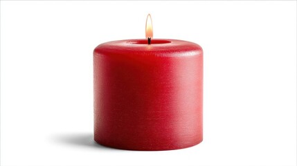 A single red candle with a lit flame against a clean white background