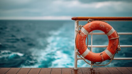 Bright orange lifebuoy on a ship's railing against a backdrop of turbulent ocean waves and overcast sky