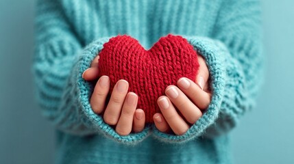 Hands holding a knitted red heart against a teal blue background