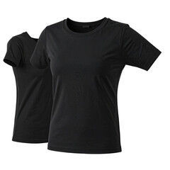 Two black crewneck t-shirts, plain, simple, on dark background