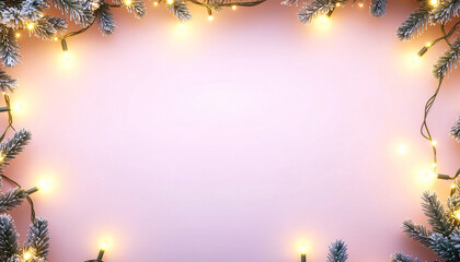 Bright pink floral design of a christmas tree frame with colorful holiday light decoration and stars on a winter snow background vector illustration
