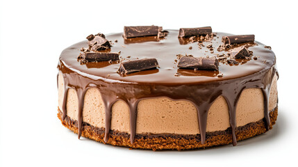 Chocolate mousse cake with glossy chocolate glaze and chocolate pieces, decadent dessert delight
