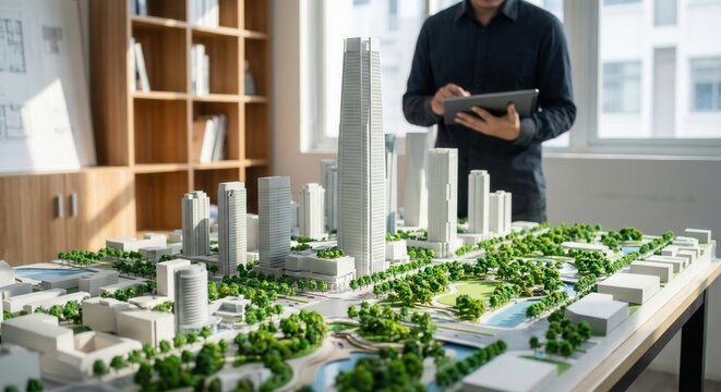 Detailed architectural scale model of a modern, sustainable smart city design featuring towers and green space, reviewed by a professional using a digital tablet in a bright office studio.
