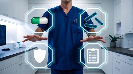 Healthcare professional using digital medical interface with pill bacteria shield and checklist icons
