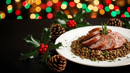 A festive holiday plate of traditional sliced sausage served on a bed of lentils, surrounded by Christmas decorations and bokeh lights