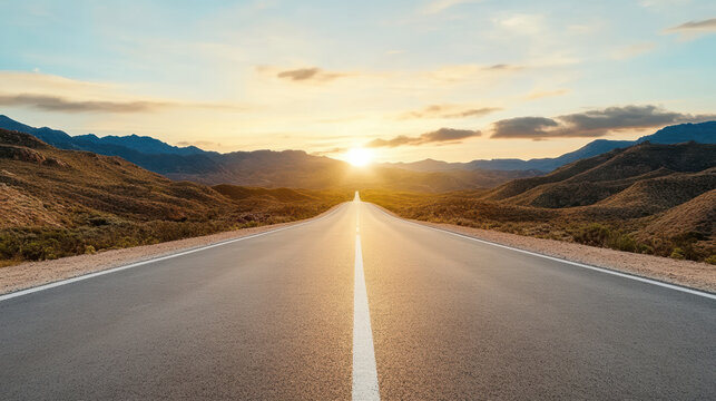 Open road highway sunset desert landscape leading into distant mountains with warm light - Powered by Adobe