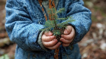 Child holds small tree seedling to plant in forest during sunny day in spring