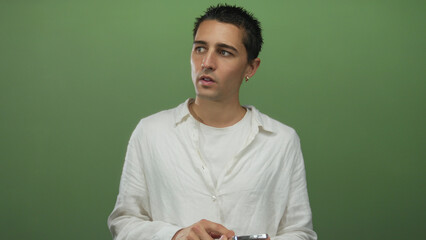 Young man using smartphone over isolated green background wall showing focus and engagement