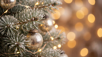 Frosted Christmas Tree Branch with Vintage Ornament and Warm Fairy Lights