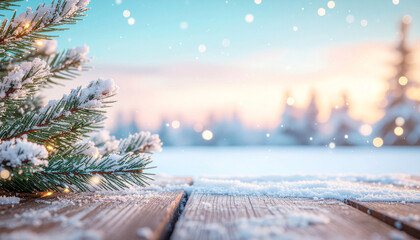A festive christmas tree in a snowy winter forest landscape illustration, adorned with blue decoration and a bright star, perfect for a holiday card