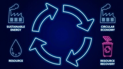 Neon circular economy concept diagram with sustainable energy and resource recovery
