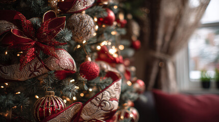 Obraz premium A close up of a christmas tree decorated with red and gold ornaments and ribbons