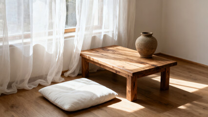 Wabi-Sabi Style Wooden Low Table Sunlit Interior Scene