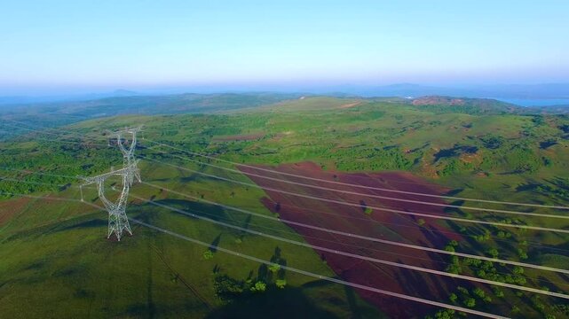 High Voltage Power Transmission Towers Aerial Agricultural Landscape