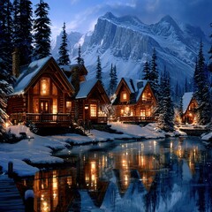 Fototapeta premium Snow Covered Cabins Illuminated Beside Still Water Reflecting Mountainous Winter Landscape