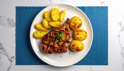 Pork chop and potatoes on white plate (1)