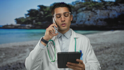 Man in white coat talks on smartphone while holding tablet at sunlit coastal beach; professional commitment.