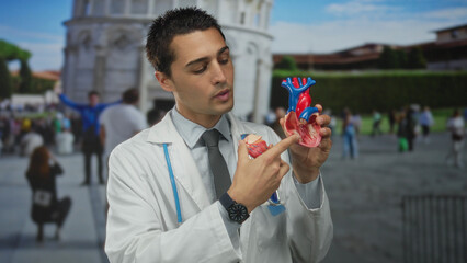 Young hispanic male doctor outdoors near pisa tower holds human heart model passionately engaged in educational demonstration with crowd and architectural wonders in background.