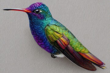 Naklejka premium Hand-drawn realistic depiction of a vibrant hummingbird with intricate colors perched in a natural setting during daylight