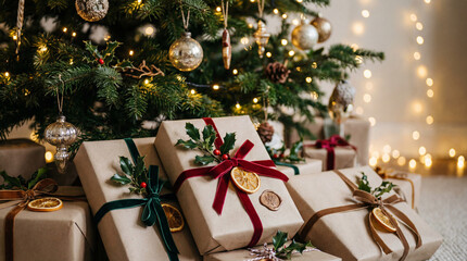 Warm Holiday Scene with Elegantly Wrapped Gifts and Christmas Tree