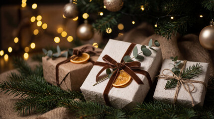 Beautifully Wrapped Christmas Presents with Natural Ornaments Under Twinkling Tree Lights