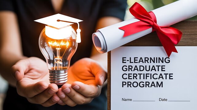E learning graduate certificate program with lightbulb and diploma symbolizing online education
