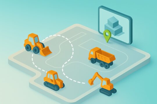 Construction vehicles on a digital construction site map with navigation elements depicted in a modern vector style visualizing logistics optimization and urban development